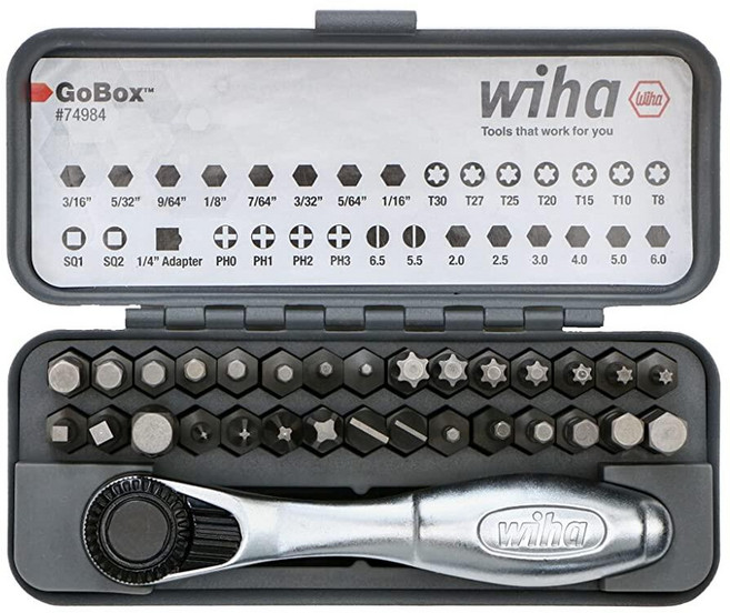 Wiha 74984 32피스 GoBox 표준 비트 세트 미니 래칫 포함, 패스너 드라이브 비트, 패스너 드라이브 비트