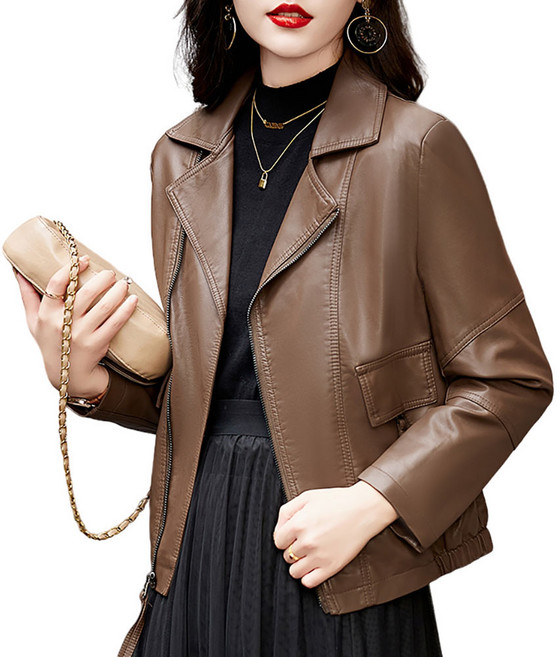 ROYALBELLE 여성 루즈핏 긴팔 라이더 가죽 자켓 카라넥 상의 외투 Y011702