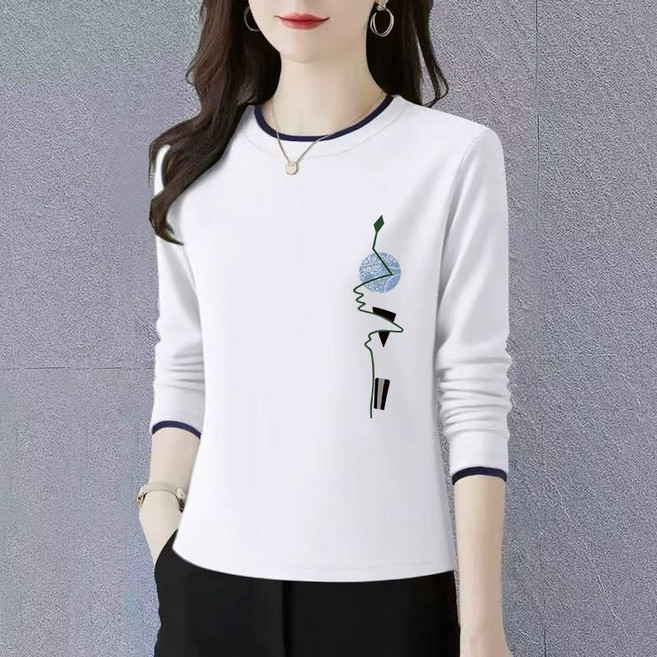 중년 긴팔 티셔츠 봄 가을 고급스러운 기질 엄마 긴팔티 여자 캐주얼 레터링 프린트 이너 상의 LJX