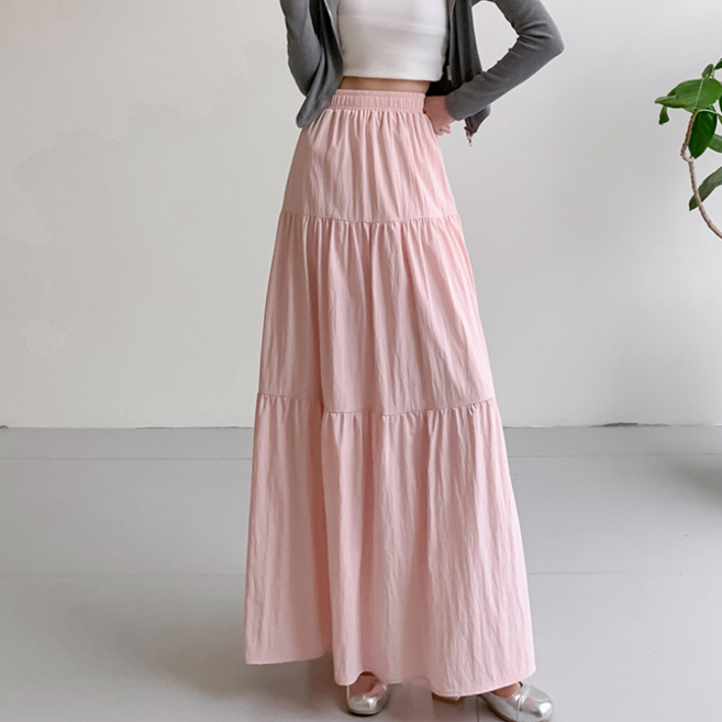바이일이오 여성 허리밴딩 주름 셔링 롱 플레어 캉캉 스커트