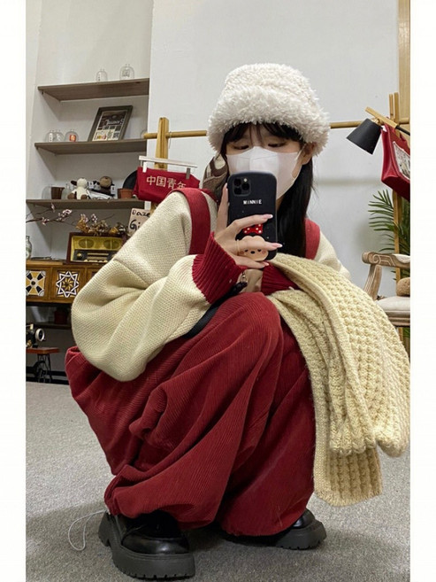 해피유통 여성 레드 빈티지 캐주얼 멜빵바지jhz