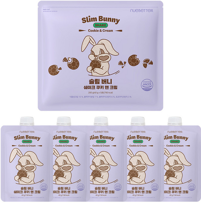 뉴베러 슬림 버니 단백질 쉐이크 파우치, 40g, 5개, 쿠키앤크림맛