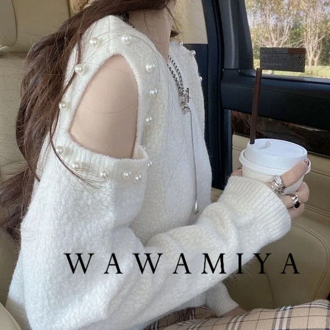 오프숄더 니트 라운드 솔리드 스웨터 루즈핏 긴팔 상의 여성 티셔츠 빅사이즈 니트티 상의 라운드넥 이너티셔츠 WAWAMIYA