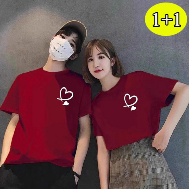 FINE ART 1+1 남자 여자 하트 반팔티 빅사이즈 커플티 프린팅 반팔 티셔츠 오버핏 라운드티 남녀공용 데일리