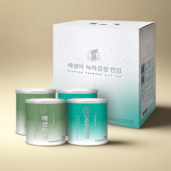 성경김 김 선물세트 매생이 30g 2캔 녹차 곱창돌김 30g 2캔 바삭한, 1세트