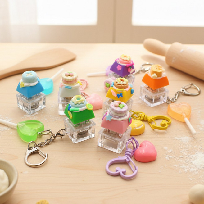 봄이오나봄 키트 10인용 LED 키캡 키링 디저트 키보드 만들기 세트 2종 구성 청축 커스텀 열쇠고리 DIY 공예 재료 단체 체험 활동, 1개, 디저트 키캡 (반짝LED) 10인용