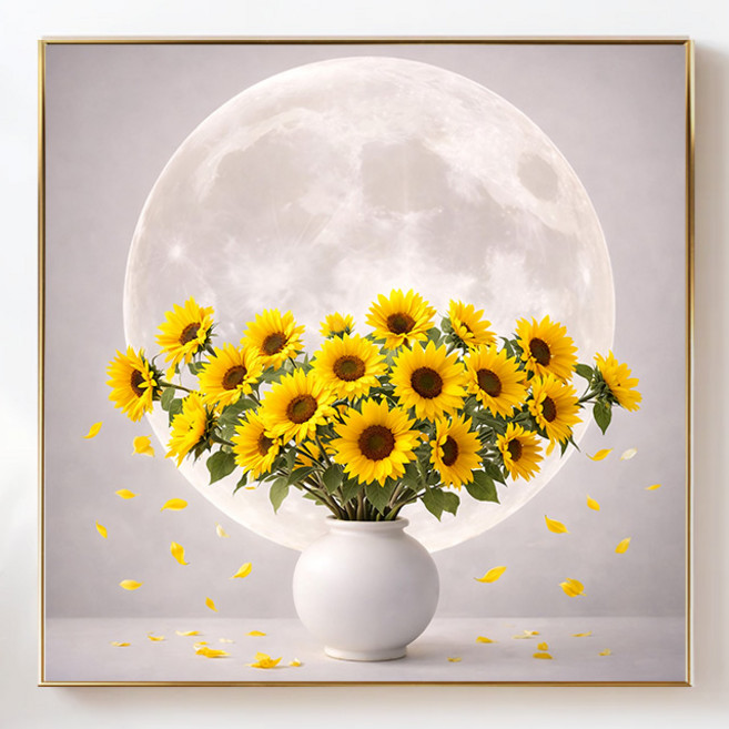 [하루애디자인] 해바라기 달항아리 그림 액자 돈들어오는 그림 풍수 인테리어 재물운 개업 집들이선물, 올리브골드