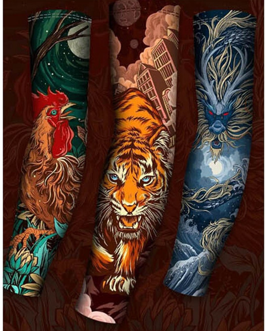 쿨 문신 팔 토시 여름 남성 자외선 UV 차단 작업용 자전거 운전 냉감 타투 토시 2P 1세트, 미(양)