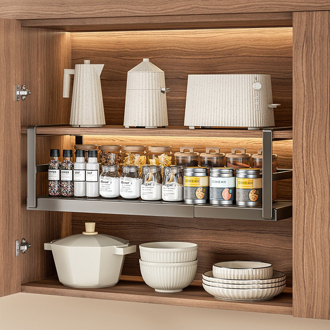 HK sell 픽쉘프 무타공 주방 선반 걸이 상부장 길이조절 정리 선반 랙, 블랙, 1개