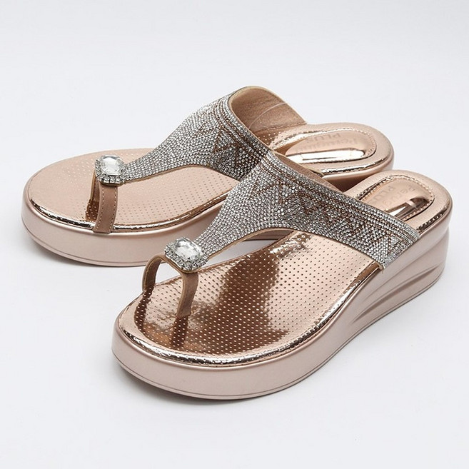 스타슈 여성 큐빅 보석 키높이 통굽 웨지 엄지발가락 쪼리 슬리퍼 샌들 5cm