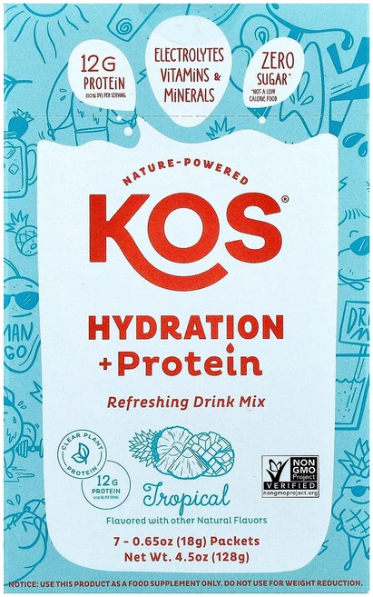 코스 KOS 수분 단백질 프로틴 드링크 믹스 트로피컬 7포 각 0.65온스 18g Hydration Protein Refreshing Drink Mix Tropical 7 Pa - 쿠팡