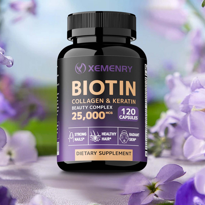 비오틴 콜라겐 & 케라틴 캡슐 남녀용 모발 성장 보충제 25 000 MCG 미국산 피부 활력 모발 두께 최대화 및 강한 손톱, 2개, 60정