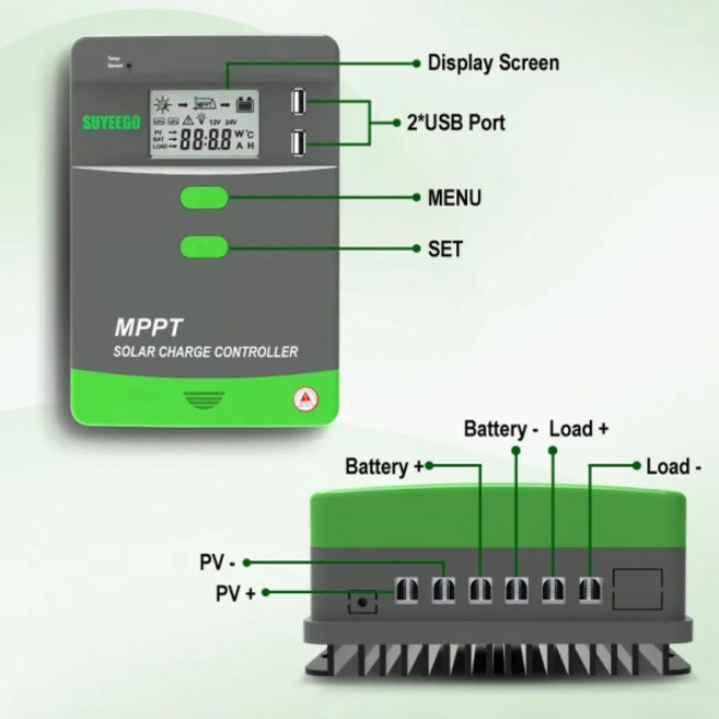 60A MPPT 태양광 충전 컨트롤러 가정용 배터리 패널 LCD 조절기 USB 12V 36V, 04 40A급, 01 12V 24V AUTO, 01 NO Bluetooth