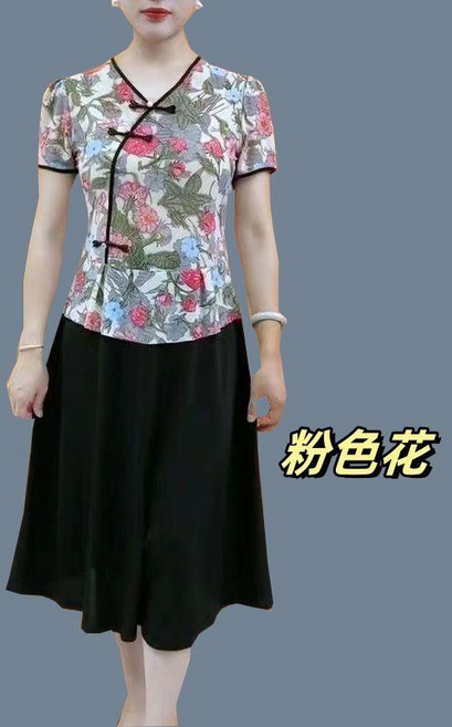 改良旗袍連衣裙 民族風印花假兩件設計, 國風黑擺粉花裙 ,2XL 建議47.5-55.0公斤