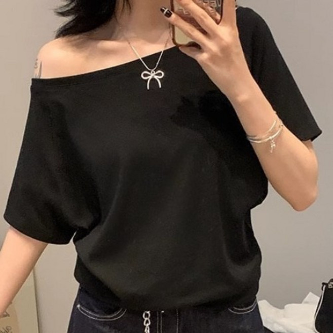 안녕릴리 여성 여름 오프숄더 루즈핏 반팔 티셔츠