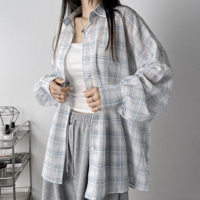 레이디스룸 [살탐방지~3XL] 거즈 왕박시 오버핏 긴팔 체크 셔츠 남방 남녀공용