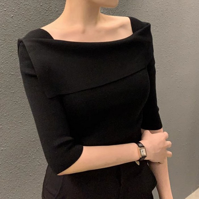 라라티나 미카 여성용 슬림핏 오프숄더 랩 아이스실크 5부 소매 니트