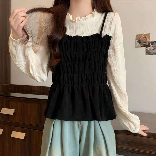 Makone 여성 라운드넥 넥크라인 프릴트리밍 투피스형 프렌치 트랜드 데일리 티셔츠 레이어드 스쿨룩