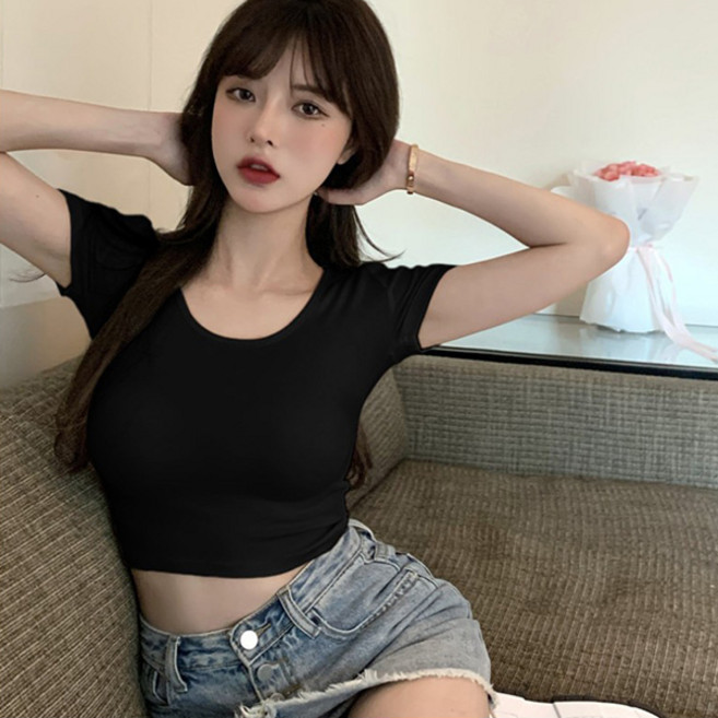 릴리제인 여성 기본 유넥 크롭 이너 반팔 티셔츠