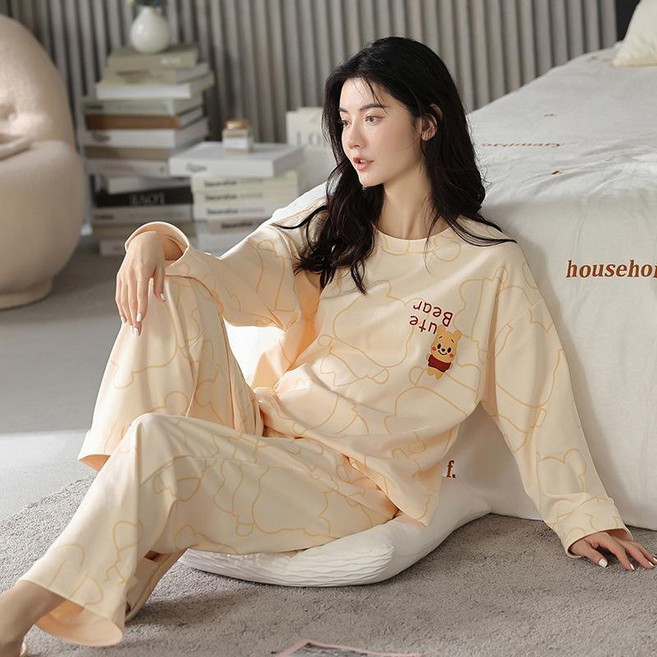 睡衣女士長袖圓領薄款家居服套裝