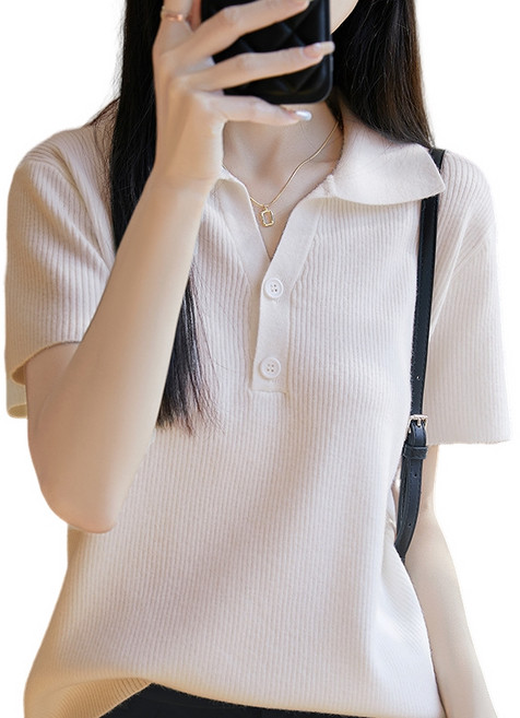 여름 여성 부드러운 셔츠넥 니트 티셔츠 버튼디자인 슬림핏 데일리 H7293