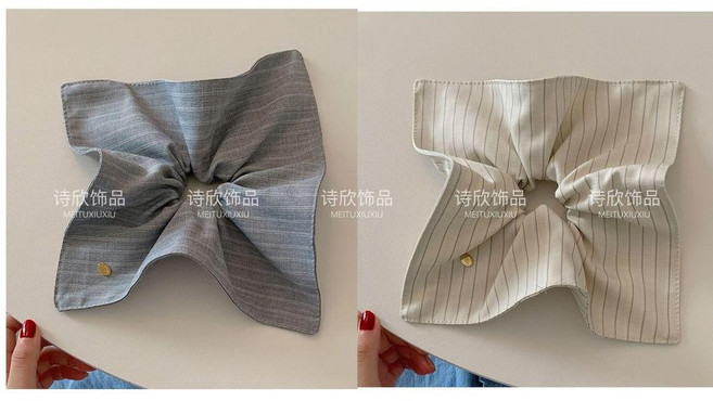 詩欣飾品 韓系布藝條紋方巾大腸髮圈, 淺灰+米色, 1個