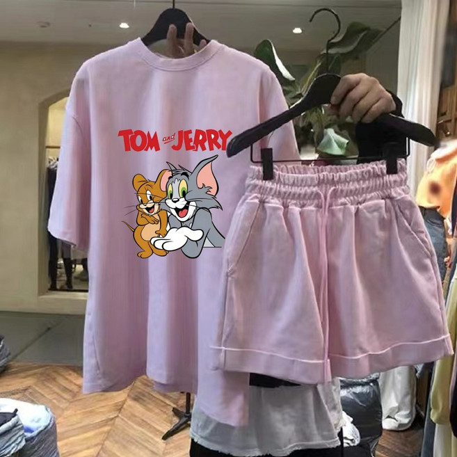 AOUGK 여성 캐릭터 반바지세트 프린팅 반팔티 반바지 상하세트 여름 트레이닝복세트 츄리닝 투피스