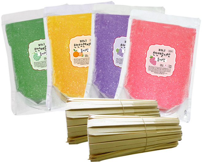 (펀코리아) 퍼니 천연솜사탕설탕 4kg + 솜사탕스틱 400개 (딸기/포도/오렌지/메론 각1kg) 자일리톨함유, 진한색