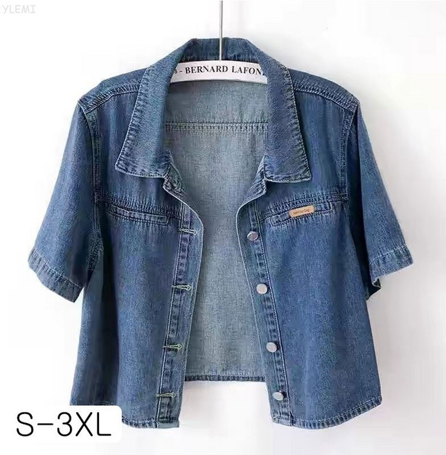 YLEMI 여름 고급스러운 반팔 데님 청자켓 아우터 캐주얼 루즈 얇은 베이직 반팔 여성 청셔츠