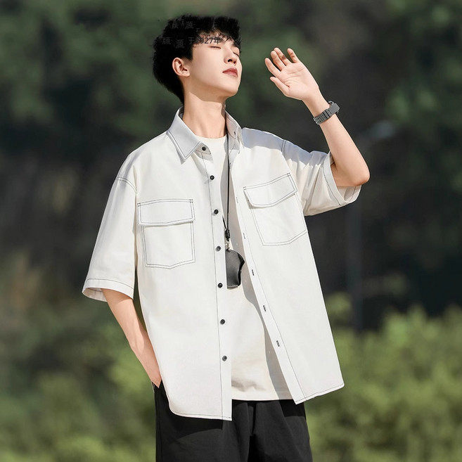 【美式復古工裝】短袖襯衫 男款襯衫 工裝襯衫 休閒襯衫 夾克襯衫 夏季上衣 寬鬆版型 黑色百搭 多口袋設計 街頭潮男穿搭
