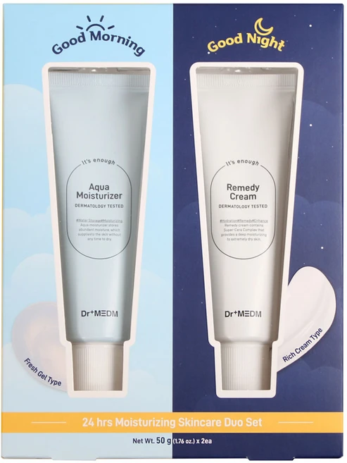 닥터메디엠 모이스처라이징 스킨케어 듀오 세트50mlX2개 기획세트 + 비타민 세럼20ml+물티슈 /레미디 크림+아쿠아 모이스처라이저/수분크림, 2개, 50ml - 쿠팡