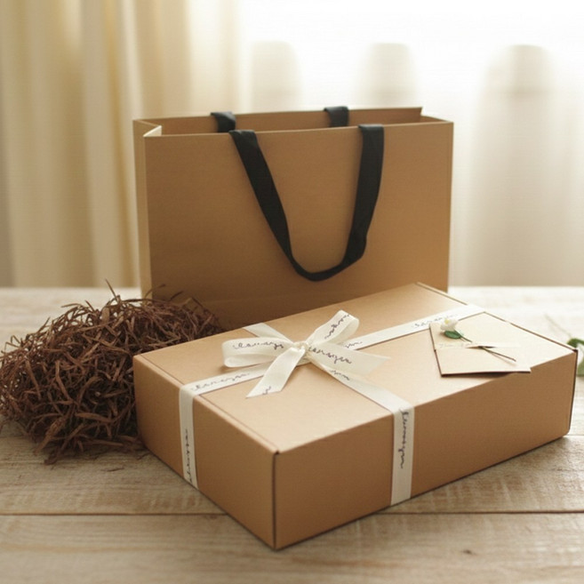 클라이트 감성 리본 크래프트 박스 + 쇼핑백 답례품 기념일 선물 포장 세트, 1개
