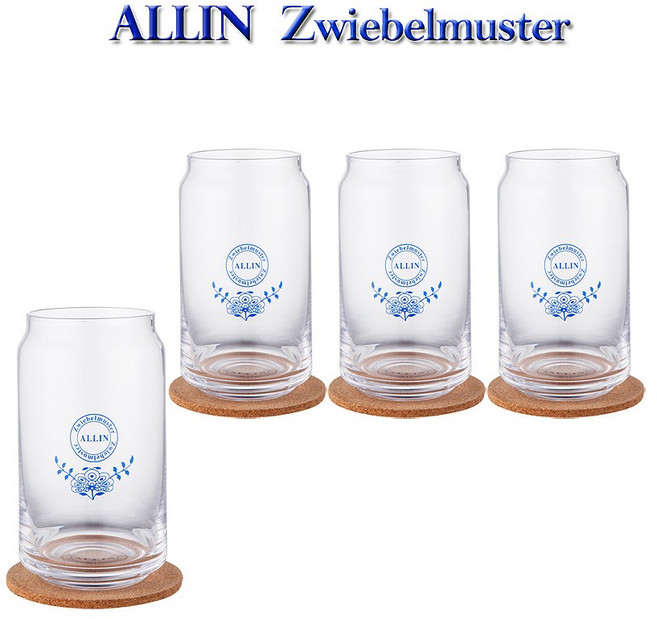 ALLIN 알린 쯔비벨블루 북유럽풍 비어캔글라스 카페유리컵 480ML 4P (알린코르크컵받침4P증정), 단품없음, 단일수량