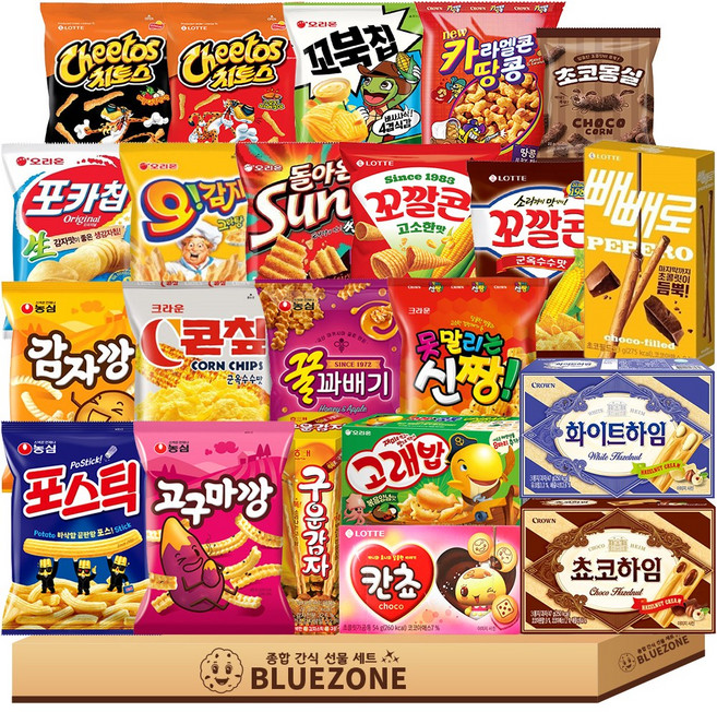 인기과자 22종 선물세트 고깡 감깡 꿀꽈 포틱 포카오 칸쵸 콘칲 카땅 신짱 고래밥 구운감자 치토맵달 치토바베큐 꼬깔군 꼬깔고 빼빼로초코필드 초코하임 화이트하임 꼬북 썬 오감자 몽실, 1세트, 과자 (22개)