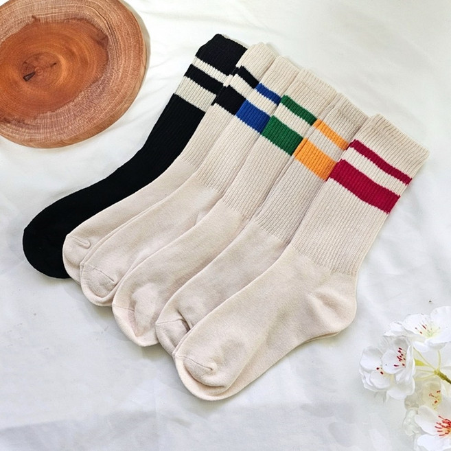 6족세트 크림톤 투라인 스포티양말 두줄 포인트 중목양말