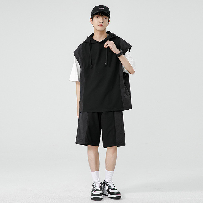 제이피엠 반팔 오버핏 민소매 나시 후드 트레이닝복세트 루즈핏 후드조끼 트레이닝 운동복 슬리브리스 남자 여자 커플룩 가족 단체복 95~115 빅사이즈까지 TZ903