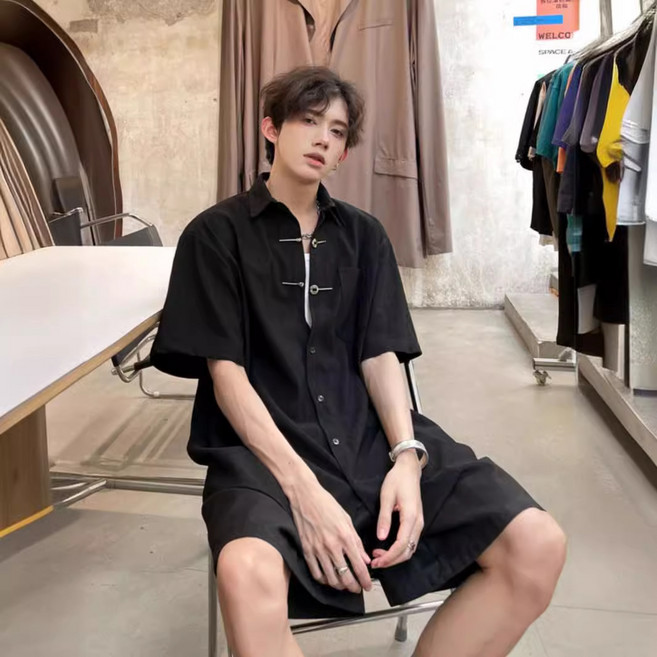 【痞帥百搭】新中式襯衫 短袖襯衫 男士襯衫 潮牌襯衫 美式襯衫 金屬扣設計 小眾高街風 白色上衣 夏季百搭