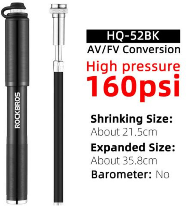 몽이몰 자전거 펌프 ROCKBROS 소형 휴대용 가벼운 알루미늄 합금 공기 산 타이어 팽창기 Schrader Presta 벨브, 6) HQ-52BK 160PSI