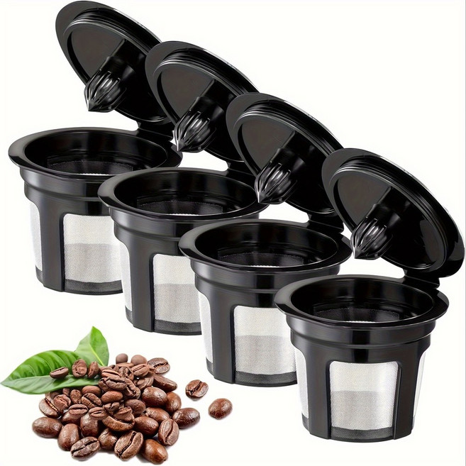 Keurig 커피 메이커용 재사용 가능한 K 컵 2.0 및 1.0 BPA 프리 범용 핏 싱글 서브 필터 리필 간편한 청소 4, Black 4pcs