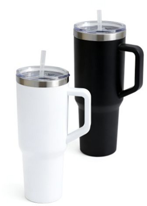 [1+1]일상에서 필수인 1.18리터 대용량 스텐 텀블러+빨대 포함 손잡이 보온 보냉병, 2개, 1.18ml, 화이트+블랙(빨대포함)