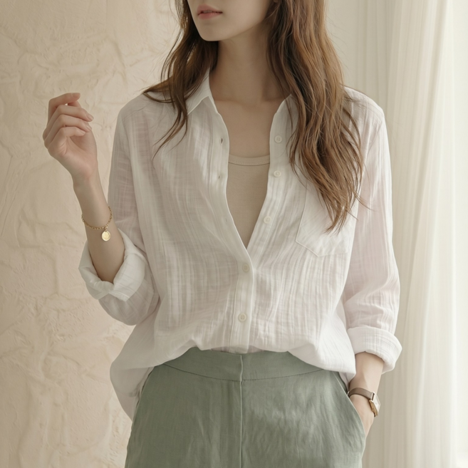 ANDF 여성 루즈핏 시스루 블라우스 긴팔 셔츠 뒷트임 여리핏 데일리