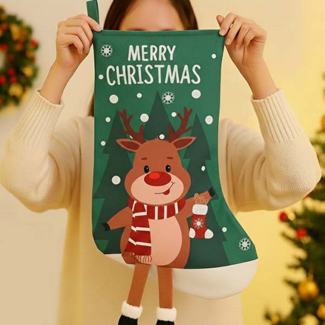 XD02 크리스마스 산타 양말 선물 주머니 대형 큰사이즈 데코 벽걸이 트리장식(26 x 44 cm), 1개, 루돌프그린