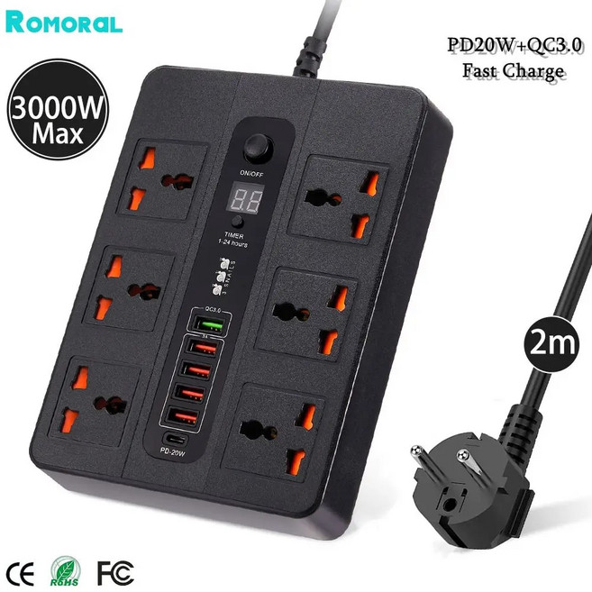 3000W 신제품 6 AC 범용 콘센트 전원 스트립 PD20W QC3.0 고속 충전 소켓 연장 케이블 USB 충전기 EU 플러그 서지 보호기