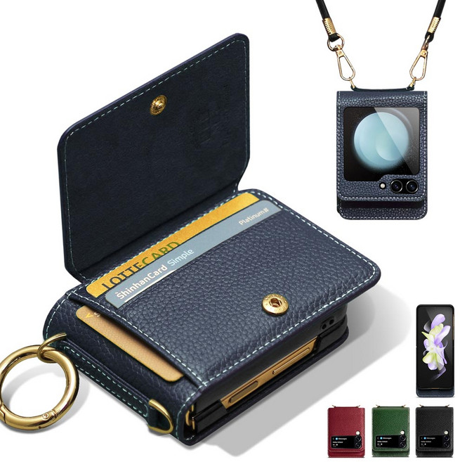 Z플립 6 5 4 3 어깨 스트랩 천연 소가죽 링고리 힌지보호 카드3장 지갑형 갤럭시 제트 플립 카드 수납 지갑 정품 폰케이스 휴대폰케이스 가죽 삼성 케이스 제이콥스타일