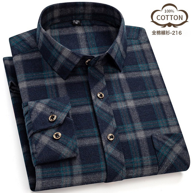 春秋新款男士寬鬆長袖襯衫中青年格子休閒免燙磨毛襯衣