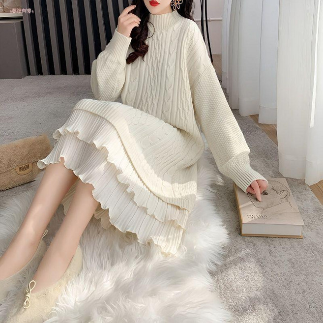 300斤胖mm加厚半高領連衣裙女秋冬新款寬鬆遮肉針織A字裙, 白色【保暖連衣裙】,8XL 建議115.0-122.5公斤