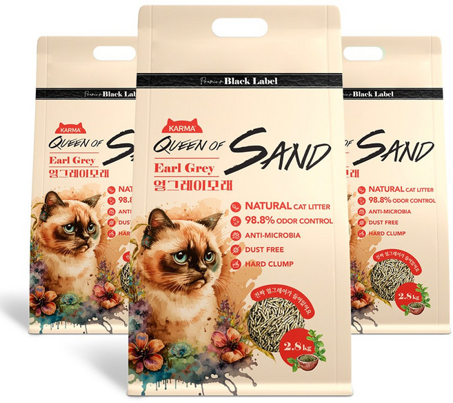 퀸오브샌드 블랙라벨 두부모래 고양이모래 얼그레이 2.8kg x 3개