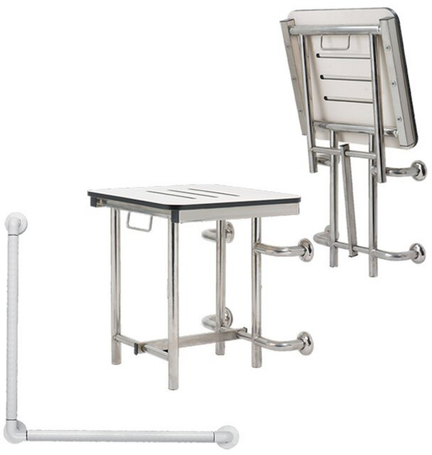 裕華 不鏽鋼浴淋椅 L型馬桶扶手 ABS防滑材質 T-050B X-07 型號 浴室安全輔助, 1個, 不鏽鋼浴淋椅+L型馬桶抗菌扶手50X50