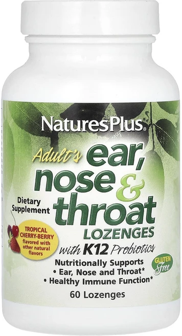 NaturesPlus 성인용 귀 코 및 목 사탕 정제 K12 프로바이오틱 함유 천연 트로피컬 체리베리 함유 사탕 정제 60정, 1개 - 쿠팡