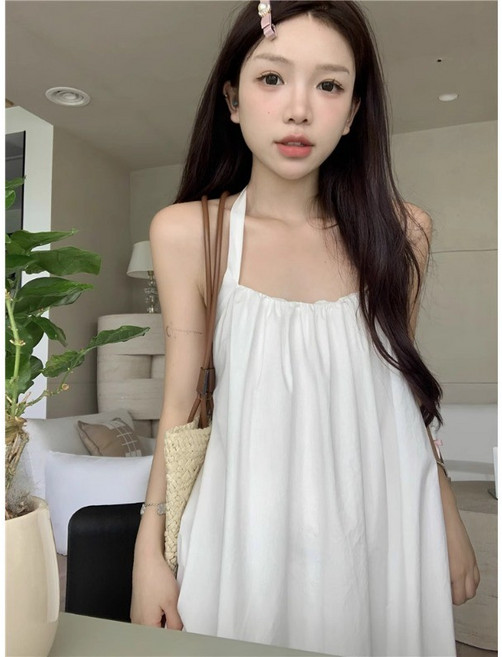【露背顯瘦】吊帶連衣裙 沙灘裙 度假裙 長裙 連衣裙 掛脖設計 海邊度假風 白色寬鬆 夏季性感 拍照必備, DS111白色